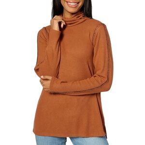 New Canyon Retreat Whipstitch Long Sleeve Step Hem Turtleneck Top Mocha Medium
